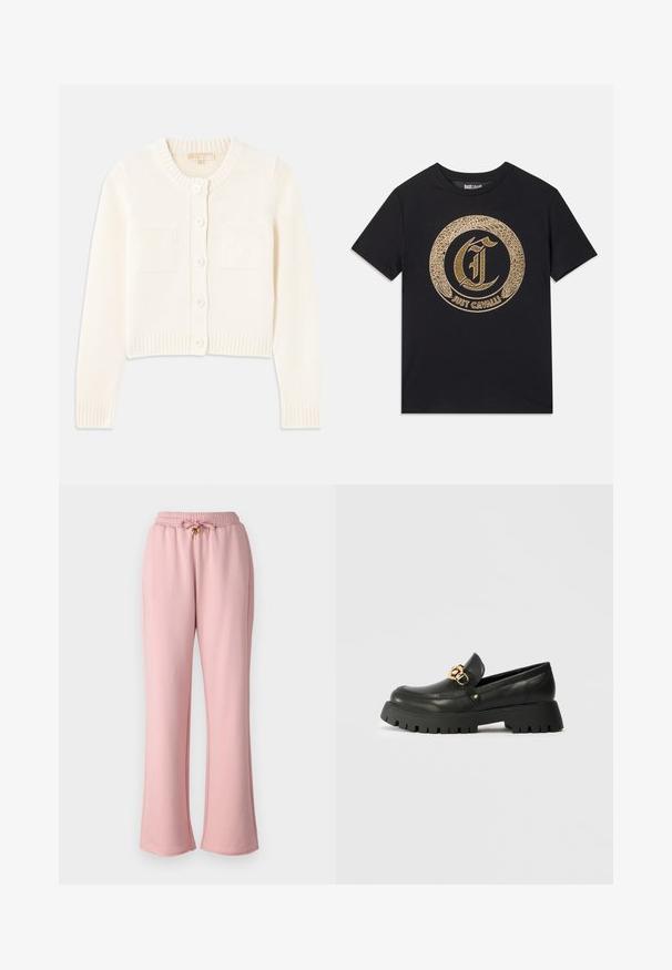 Krémový pletený cardigan s kulatým výstřihem, pěti knoflíky, vroubkovanými manžetami a dvěma předními kapsami. Hladká textura, zkrácený střih.; Černé tričko s kulatým zlatým grafickým designem se stylizovanými písmeny "C" a textem "JUST CAVALLI". Krátké rukávy, kulatý výstřih, bavlněný materiál.; Růžové tepláky vyrobené z měkké látky, s elastickým pasem a šňůrkou, a s rozšířenými nohavicemi.; Černé kožené mokasíny s tlustou, strukturovanou gumovou podešví. Vyznačují se zlatým řetězcem přes nárt a zaobleným tvarem špičky.