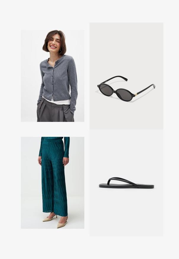 Cardigan en tricot gris avec un col rond, des boutons devant et un ourlet côtelé. Le tissu semble doux et léger, porté par-dessus une chemise blanche.; T-shirt en coton blanc avec un col rond et des manches courtes. Design simple, texture lisse, sans motifs ni accents.; Pantalons larges plissés en teal, fabriqués dans un tissu brillant, avec des lignes verticales et une ceinture confortable. Associés à des chaussures à talons nus.; Tongs noires au design minimaliste avec une semelle plate, des brides étroites et une texture lisse. Pas de motifs ou d'accents supplémentaires.; Lunettes de soleil ovales noires avec des verres foncés, monture en plastique brillant et accent en métal doré sur les branches.; Montre numérique dorée avec un cadran rectangulaire, écran LCD, bracelet en acier inoxydable et boutons sur le côté. Présente un label résistant à l'eau.