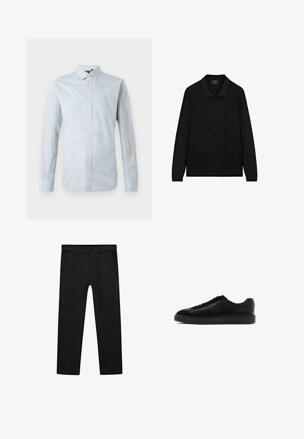 Zwarte cardigan met een kraag, knoopsluiting en twee voorzakken. Gemaakt van textuurstof met geribbelde accenten op de manchetten en de zoom.; Lichtblauw button-up overhemd met dunne verticale strepen. Bevat een kraag, lange mouwen, een linker borstzak en knoopdetails.; Zwarte katoenen broek met een rechte pijp, voorzakken en een klassieke knoopsluiting met een ritssluiting. Soepele textuur, nauwsluitende pasvorm.; Zwarte leren sneakers met een gladde afwerking, ronde neus, vetersluiting aan de voorkant en een contrasterende, gestructureerde tong. Dikke zwarte rubberen zool.