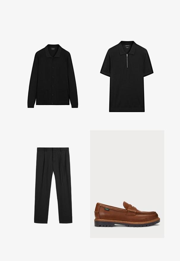 Černý kardigan s límečkem, zapínáním na knoflíky vpředu a dvěma předními kapsami. Vyroben z texturované látky s žebrovanými detaily na manžetách a spodním lemu.; Černé polo tričko s krátkým rukávem, stojatým límečkem a předním zipem. Vyrobeno z hladké tkaniny s čistým, minimalistickým designem.; Černé plisované kalhoty vyrobené z hladkého materiálu, s tradičním pasem a rovnými nohavicemi. Žádné viditelné vzory ani kovové prvky.; Hnědé kožené mokasíny s dekorativním prošíváním a texturovanou špičkou. Podešev má robustní design, který poskytuje trakci a odolnost.