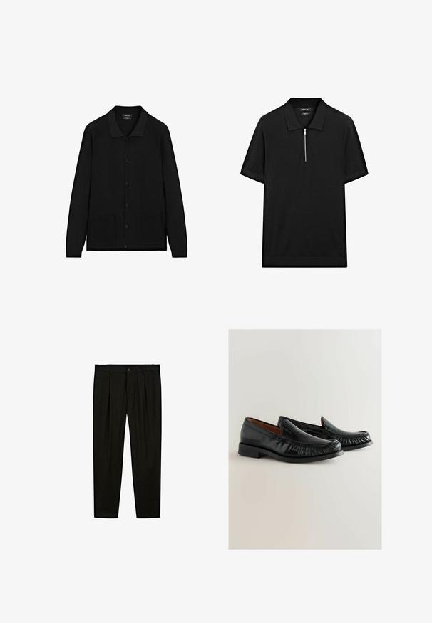 Black cardigan with a collared neckline, button front, and two front pockets. Made of textured fabric with ribbed accents on cuffs and hem.; Black short-sleeve polo shirt with a stand collar and a front zipper. Made of a smooth fabric with a clean, minimalist design.; Black tailored trousers made of smooth fabric. Features include flat front, wide legs, and a button closure at the waistband.; Black leather loafers with a rounded toe, gathered texture along the front, and a low stacked heel. Smooth finish and classic design.