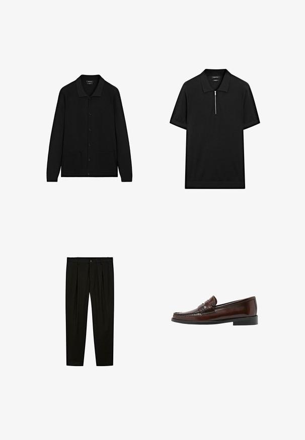 Black cardigan with a collared neckline, button front, and two front pockets. Made of textured fabric with ribbed accents on cuffs and hem.; Black short-sleeve polo shirt with a stand collar and a front zipper. Made of a smooth fabric with a clean, minimalist design.; Black tailored trousers made of smooth fabric. Features include flat front, wide legs, and a button closure at the waistband.; Mango LUISA - Slip-ons - cognac