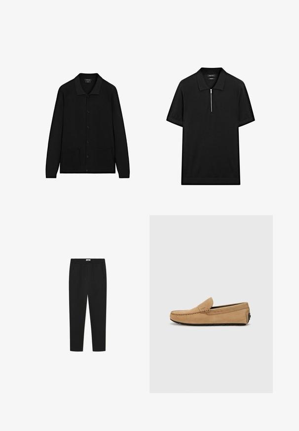 Cardigan noir avec un col, des boutons à l'avant et deux poches à l'avant. Fabriqué en tissu texturé avec des accents côtelés au niveau des poignets et de l'ourlet.; Polo-shirt noir à manches courtes avec col montant et fermeture éclair à l'avant. Fabriqué en tissu lisse avec un design épuré et minimaliste.; Pantalon de survêtement noir en tissu doux, avec une taille élastique dotée d'un cordon de serrage, deux poches latérales et une coupe fuselée.; Mocassin beige en suède avec un bout cousu, design à enfiler et semelle en caoutchouc noir. Présente un logo discret sur le côté.