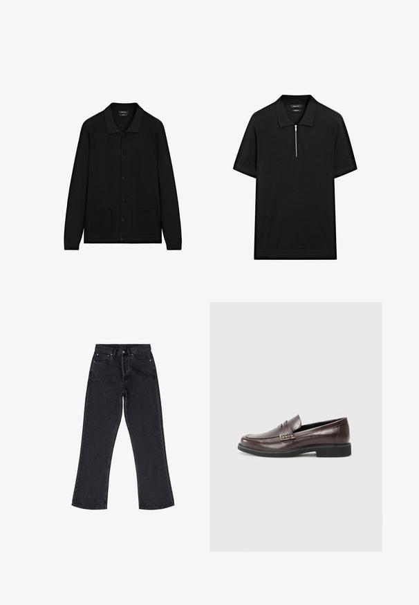 Cardigan nero con colletto, chiusura a bottoni e due tasche frontali. Realizzato in un tessuto testurizzato con dettagli a coste su polsini e bordo.; Polo shirt nero a maniche corte con colletto rialzato e zip frontale. Realizzato in un tessuto liscio con un design pulito e minimalista.; Jeans in denim nero con vita alta, taglio a gamba larga, design a cinque tasche e dettagli in hardware color rame. Presentano sottili dettagli di cucitura.; Mocassini in pelle marrone con una finitura liscia, caratterizzati da un sottile dettaglio cucito sulla tomaia e una suola in gomma nera.