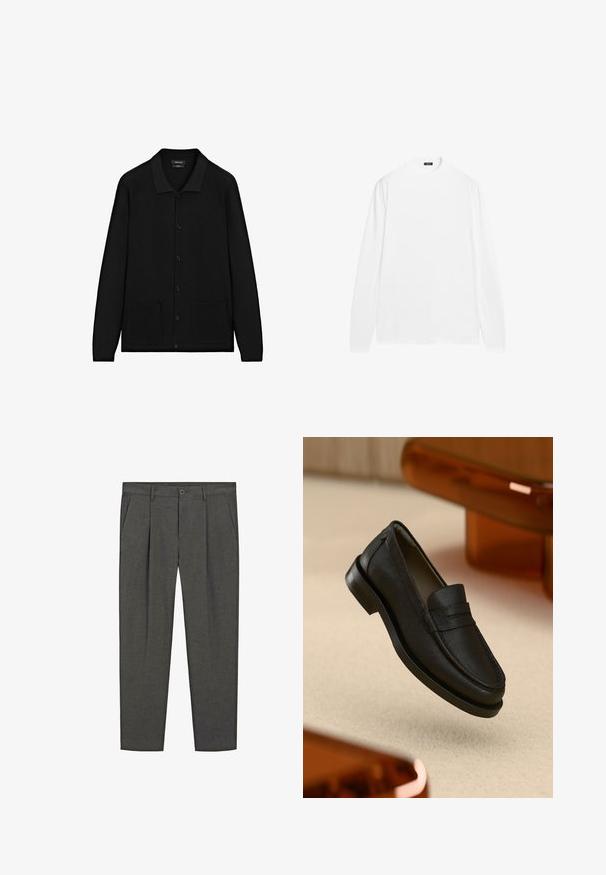 Cardigan nero con colletto, chiusura a bottoni e due tasche frontali. Realizzato in un tessuto testurizzato con dettagli a coste su polsini e bordo.; Camicia bianca a maniche lunghe con scollo rotondo, realizzata in tessuto di cotone liscio. Presenta polsini a costine e un orlo dritto, senza motivi visibili.; Pantaloni grigi su misura con motivo a righe, con pence frontali, tasche laterali e chiusura a bottone. Realizzati in tessuto tessuto, dalla texture liscia.; Mocassino in pelle nera con finitura testurizzata, caratterizzato da una cucitura a punti e suola in gomma. Posato su una superficie chiara.