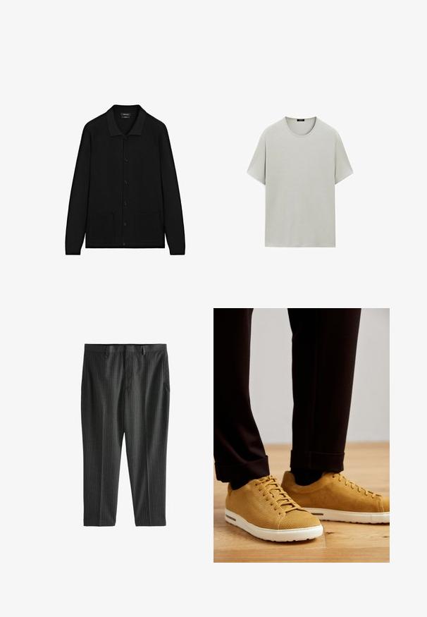 Cardigan noir avec un col, des boutons à l'avant et deux poches à l'avant. Fabriqué en tissu texturé avec des accents côtelés au niveau des poignets et de l'ourlet.; T-shirt gris clair à manches courtes en coton doux, avec un col rond classique et une coupe décontractée sans coutures visibles.; Next STRIPE-REGULAR FIT - Chino - charcoal grey; Baskets jaunes à côtes avec semelles blanches, dotées d'un bout rond, d'un design lacé et d'une surface texturée, portées avec un pantalon noir retroussé sur un sol en bois.