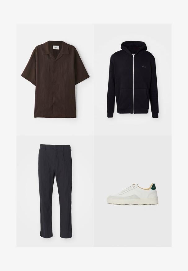 Schwarze Zip-Hoodie aus weichem Material. Verfügt über eine Kapuze, Fronttaschen und gerippte Bündchen. Enthält dezentes Branding auf der Brust.; Kurzarm-Hemd mit Knopfleiste aus braunem Stoff und flachem Kragen. Hat eine lockere Passform und eine dezente Textur. Keine sichtbaren Muster oder Akzente.; Schwarze plissee Hosen aus strukturiertem Stoff, mit geradem Bein und normalem Bund. Keine sichtbaren Taschen oder Beschläge.; Weiße Sneaker mit Wildlederelementen, runder Zehenpartie, flachen Schnürsenkeln und einer cremefarbenen Gummisohle. Mit grünen Markenlogo am Fersenbereich.