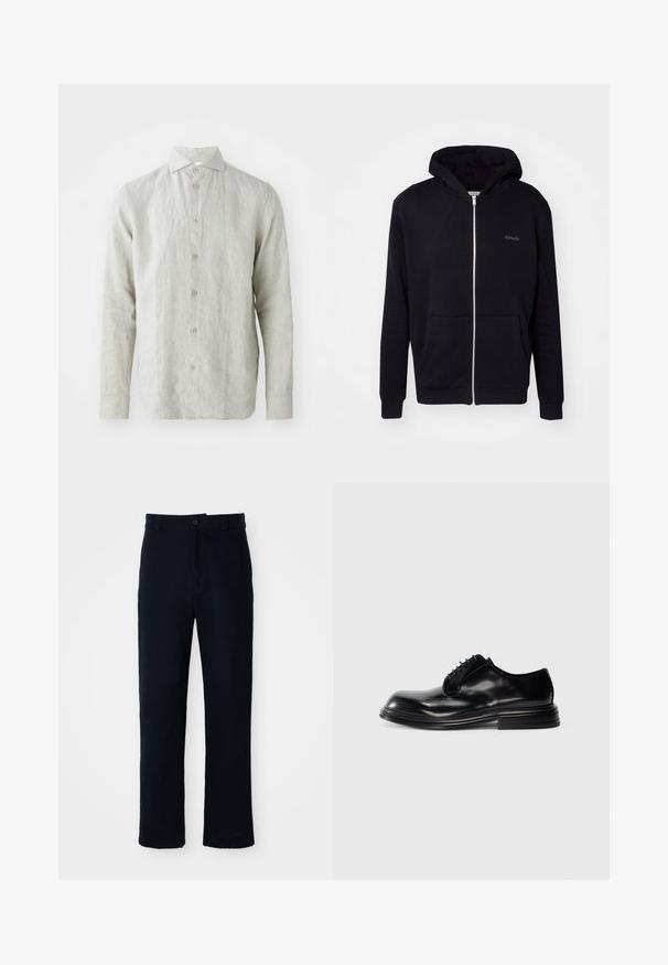 Schwarze Zip-Hoodie aus weichem Material. Verfügt über eine Kapuze, Fronttaschen und gerippte Bündchen. Enthält dezentes Branding auf der Brust.; Helles grau gestreiftes Leinenhemd mit Knopfverschluss, klassischem Kragen und langen Ärmeln. Es hat eine dezente Textur und fünf braune Knöpfe.; Dunkelblaue Baumwollhosen mit geradem Bein, einem Frontknopfverschluss und einem klassischen Bund mit Gürtelschlaufen.; Schwarze Lederdressschuhe mit abgerundeter Zehenpartie, glatter Oberfläche, Schnürdesign und gestapeltem Absatz. Minimalistischer Stil ohne sichtbare Logos.