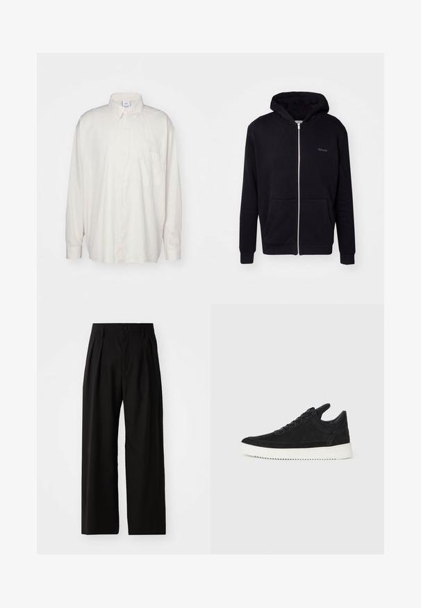 Felpa nera con zip realizzata in tessuto morbido. Presenta un cappuccio, tasche frontali e polsini a coste. Include un logo discreto sul petto.; Camicia button-up color beige chiaro in cotone, con colletto classico, maniche lunghe e una tasca sul petto. Tessuto liscio.; Pantaloni neri a gamba larga con una superficie liscia, dotati di due pinces frontali, chiusura con bottone e tasche laterali. Tessuto resistente.; Sneaker in suede nero con suola in gomma bianca, caratterizzato da cuciture tonali e design con lacci. Texture liscia con una forma moderna e aerodinamica.