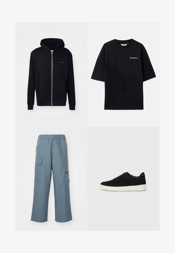 Schwarze Zip-Hoodie aus weichem Material. Verfügt über eine Kapuze, Fronttaschen und gerippte Bündchen. Enthält dezentes Branding auf der Brust.; Schwarzes Baumwoll-T-Shirt mit kurzen Ärmeln, Rundhalsausschnitt und einem kleinen weißen "HOLZWEILER"-Logo auf der Vorderseite, mit einer lockeren Passform.; Blaue Cargo-Hosen aus weichem Stoff, mit lockerer Passform, elastischem Bund, mehreren Taschen und nahtlosem Seitenmaterial.; Schwarze Wildleder-Sneaker mit Schnürdesign und kontrastierender weißer Gummisohle. Verfügt über strukturierte Seitenpaneele und dezentes Branding an der Ferse.