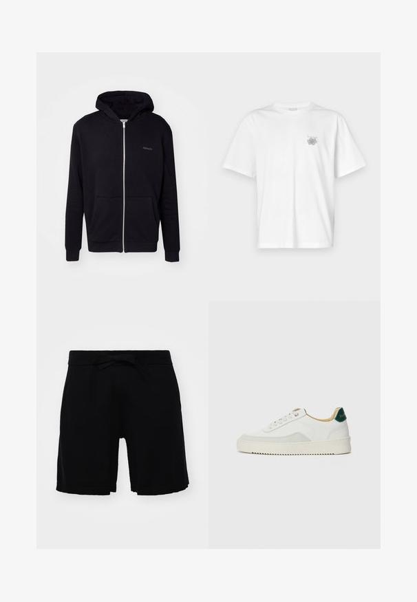 Svart zip-up hettegenser laget av mykt stoff. Har hette, frontlommer og ribbede mansjetter. Inkluderer diskret merkevare på brystet.; Hvit T-skjorte laget av bomull, med korte ermer, rund hals og en liten grå logo på venstre brystområde. Smooth tekstur.; Svarte barne shorts laget av myk stoff, med elastisk midje og sløyfe, samt ribbestrikket kant. Enkelt design uten mønstre.; Hvit sneakers med semsket detaljer, rund tå, flate snøringer og en kremfarget gummisåle. Har grønn merking på hælen.