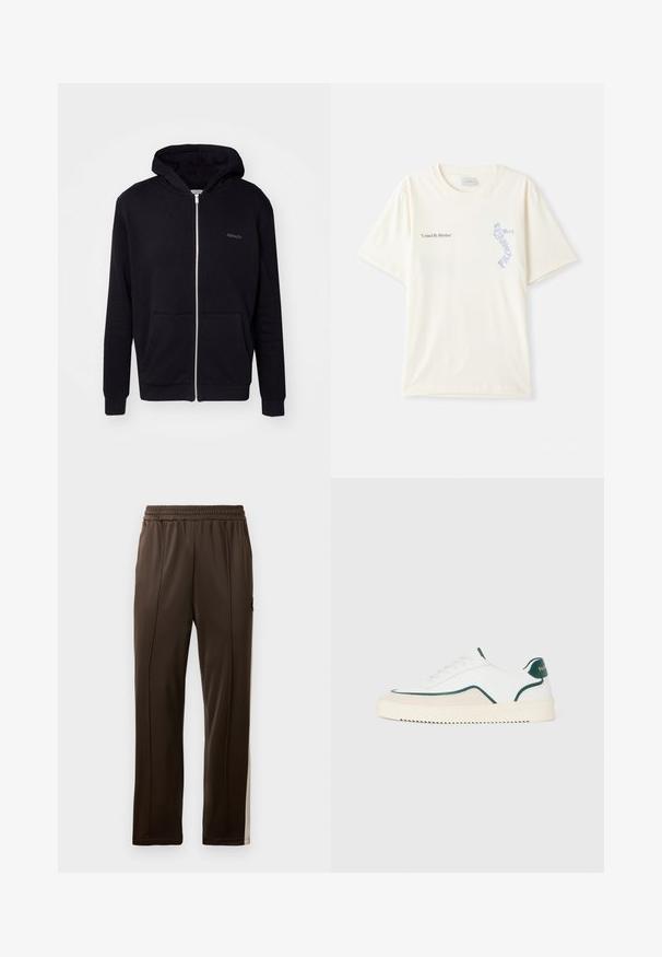 Svart zip-up hettegenser laget av mykt stoff. Har hette, frontlommer og ribbede mansjetter. Inkluderer diskret merkevare på brystet.; Hvit bomull t-skjorte med korte ermer, med teksten "United By Rhythm" i svart og blå grafikk på brystet. Rund halsdesign.; Brune treningsbukser med elastisk midjebånd, sidelister i en lysere nyanse, og en lomme med en liten logo aksent. Glatt tekstur.; Hvite lave sneakers med grønn kant, beige semsket skinn-detaljer, og en kremfarget såle med mønstrete bunn.