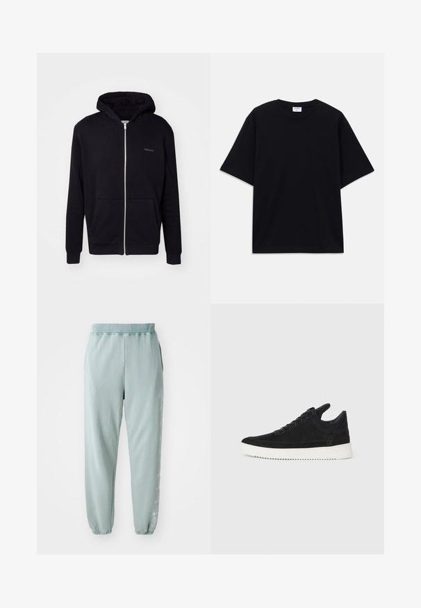 Schwarze Zip-Hoodie aus weichem Material. Verfügt über eine Kapuze, Fronttaschen und gerippte Bündchen. Enthält dezentes Branding auf der Brust.; Schwarzes, oversized T-Shirt mit kurzen Ärmeln und rundem Ausschnitt, mit sichtbarem Filippa K Markenlabel im Kragen.; Helle grüne Sweatpants aus weichem Baumwollmaterial, mit einem elastischen Bund, seitlichen Taschen und dezenten grafischen Details entlang eines Beins.; Schwarze Wildleder-Sneaker mit einer weißen Gummisohle, die sich durch elegante Nähte und ein schnürbares Design auszeichnen. Glatte Textur mit einer modernen, stromlinienförmigen Form.