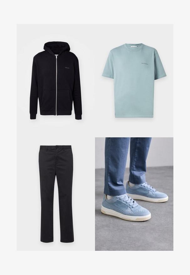 Black zip-up hoodie made of soft fabric. Features a hood, front pockets, and ribbed cuffs. Includes subtle branding on the chest.; Light blue cotton T-shirt with a crew neck, short sleeves, and a small "TIGER OF SWEDEN" logo on the left chest. Smooth texture.; Black cotton trousers with a straight leg design, featuring a button closure and belt loops. Smooth texture, no visible patterns or accents.; Light blue suede sneakers with perforated details, tonal laces, and a cream rubber sole, paired with light blue pants.