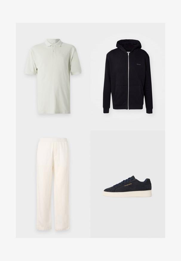 Čierna mikina na zips vyrobená z mäkkej látky. Má kapucňu, predné vrecká a rebrované manžety. Obsahuje jemné logo na hrudi.; Svetlo béžová polo košeľa s krátkymi rukávmi, klasickým golierom a trojbuttonovou légou. Jemné logo vybrobené na hrudi. Elastická bavlnená tkanina.; Ľahké, krémové nohavice s elastickým pásom, rovný strih a jemná textúra. Nemajú viditeľné vrecká.; Námornícky modré semišové nízke tenisky s bielou podrážkou, námorníckymi šnúrami a zlatým logom "Filling Pieces" na boku.