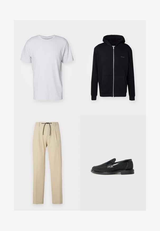 Musta vetoketjullinen huppari, joka on valmistettu pehmeästä kankaasta. Ominaisuuksiin kuuluvat huppu, etutaskut ja ribbireunat. Sisältää hillittyä brändäystä rinnassa.; Valkoinen pyöreäkauluksinen t-paita, joka on valmistettu kevyestä puuvillasta. Lyhyet hihat ja hieman tekstuuri kangas. Ei näkyviä kuvioita tai yksityiskohtia.; Harmaat housut suoran istuvuuden omaavat, varustettuna narukiristyksellä vyötäröllä, laskostetulla edessä ja sileällä pinnalla. Yksinkertainen, monikäyttöinen muotoilu.; Musta kudottu liukupohjallinen kenka, jossa on sileä nahkakorostus päällisessä, pyöreä kärki ja matala kumipohja.