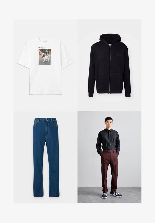 Hanorac cu fermoar negru fabricat dintr-un material moale. Are glugă, buzunare frontale și manșete ribbate. Include un branding subtil pe piept.; Tricou alb din bumbac cu o imprimare foto rectangulară a unui câine care ține în gură o frisbii roz. Textul de deasupra imaginii spune „Rămâneți ÎNCHIS.”; Jeans din denim albastru cu talie înaltă, design drept, stil cu cinci buzunare și cusături contrasante portocalii. Textură netedă.; Cămașă neagră cu mânecă lungă și nasturi, purtată împreună cu pantaloni culorii burgund și talie înaltă, și adidași albastre cu accente verzi. Modelul stă cu mâinile în buzunare.