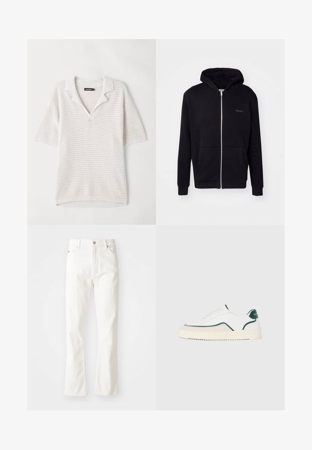 Schwarze Zip-Hoodie aus weichem Material. Verfügt über eine Kapuze, Fronttaschen und gerippte Bündchen. Enthält dezentes Branding auf der Brust.; Kurze Ärmel, leichtes gestricktes Polo in Cremeweiß mit strukturiertem Muster, geripptem Kragen und Saumdetails. Entworfen für atmungsaktiven Komfort.; Weiße Jeans mit weitem Bein und hoher Taille, vordere Taschen und silbernen Beschlägen. Der Stoff hat eine glatte Textur mit subtilen Stichdetails.; Weiße Low-Top-Sneaker mit grünen Akzenten, beigen Wildlederdetails und einer cremefarbenen Sohle mit gerilltem Boden.
