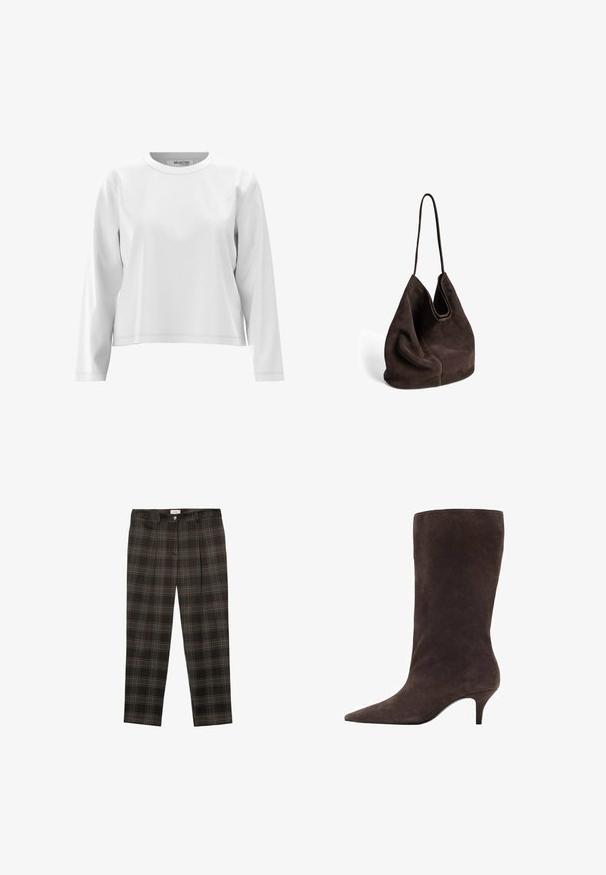 Kardigan w kolorze marmolady, wykonany z teksturowanej dzianiny, z okrągłym dekoltem, długimi rękawami i pięcioma czarnymi guzikami z przodu.; Biała bluzka z długim rękawem z okrągłym dekoltem, wykonana z miękkiego materiału, z minimalnymi detalami szycia i luźnym krojem.; Brązowe spodnie w kratę o dopasowanym kroju, z subtelnymi niebieskimi i pomarańczowymi akcentami, plisami z przodu oraz zapięciem na guzik w pasie.; Brązowy zamszowy botek do kolan z wysmukłym noskiem i średnim obcasem, charakteryzujący się gładką teksturą i eleganckim wzornictwem.; Brązowa torba z zamszu o miękkim, luźnym kształcie i pojedynczym, cienkim paskiem. Posiada zaokrąglone otwarcie oraz gładką teksturę, a całość ma minimalistyczny design.