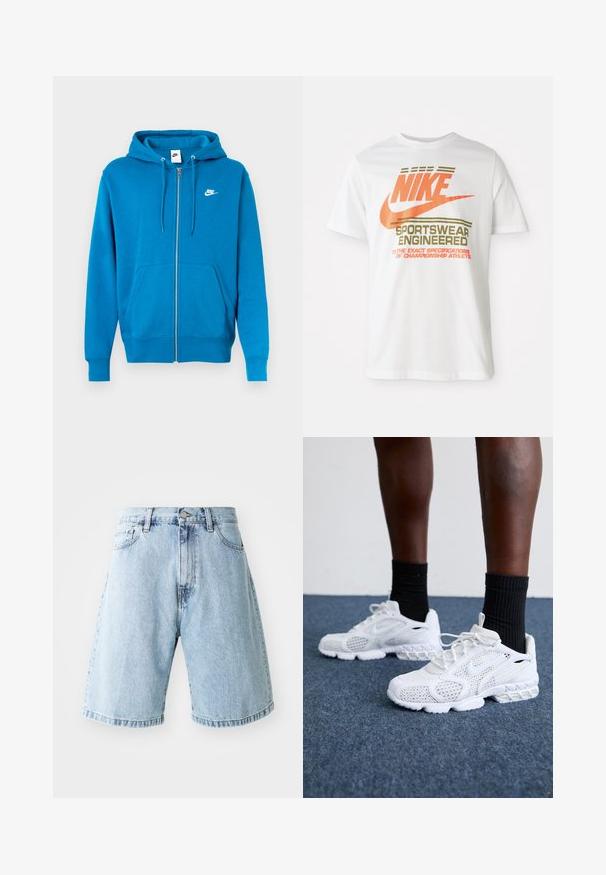 Mėlynas zip-up džemperis, pagamintas iš minkštos medžiagos, su gobtuvu, priekinėmis kišenėmis ir baltu Nike logotipu viršutiniame kairiajame kampe.; Balta medvilninė marškinė su dideliu oranžiniu "NIKE" logotipu ir žaliais užrašais, kuriais parašyta "SPORTSWEAR ENGINEERED" bei papildomomis specifikacijomis.; Šviesiai mėlynos džinsinės šortai su laisvu pjūviu, turintys juosmens juostą su mygtuku, priekinėmis kišenėmis ir apvadu ant kraštų. Klasikinė džinsinė tekstūra.; Baltos sportiniai bateliai su tinkline viršutine dalimi, tekstūruotais akcentais ir paminkštintu padu. Puikiai derančios su juodomis klasikinių kojinių iki kulkšnies ant mėlynos kiliminės dangos.