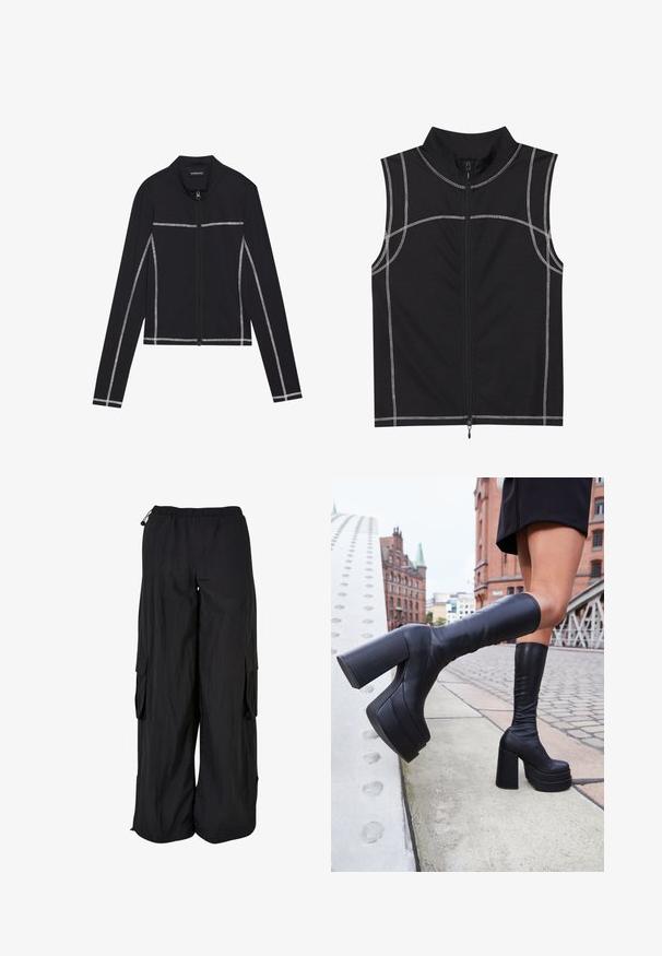 Even&Odd Sweater met rits - black; Zwarte mouwloze vest gemaakt van een gladde stof, met zilveren stiksels en een rits aan de voorkant, ontworpen met een hoge kraag.; Zwarte cargobroek met een elastische tailleband, losse pasvorm, lichte stof, zijkanten zakken en een subtiele textuurafwerking.; Zwarte kniehoge platformlaarzen van glad leder, met dikke vierkante hakken en een slank ontwerp, tegen een stadsachtergrond.