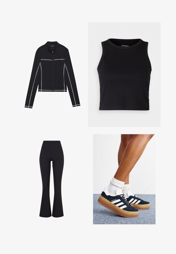 Even&Odd Sweater met rits - black; Zwarte geribbelde crop tanktop met een ronde halslijn en mouwloos ontwerp. Gemaakt van zachte, rekbare stof, met een nette afgeronde rand.; Zwarte, high-waisted flare broeken gemaakt van rekbare stof. Heeft een gladde textuur en een aansluitende silhouet bij de heupen.; Zwarte suède sneakers met witte strepen en accenten, ronde neus, gum rubberen buitenzool, gecombineerd met witte geribbelde crewkousen.