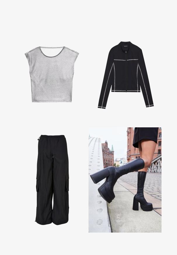 Even&Odd Felpa con zip - black; Top corto argentato a maniche corte realizzato in un tessuto metallico e luccicante. Presenta un ampio scollo e una veste ampia e squadrata. Texture morbida e cuciture minime.; Pantaloni cargo neri con cintura elastica, vestibilità ampia, tessuto leggero, tasche laterali e finitura testurizzata discreta.; Stivali neri alti fino al ginocchio, realizzati in pelle liscia, con spesse tacchi quadrati e un design elegante, ambientati in uno sfondo urbano.