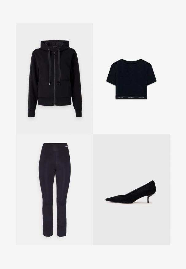 Črna zip-up kapuca iz mehkega materiala, ki ima kapuco, vrvici in rebraste manšete. Gladka tekstura z stranskimi panelnimi poudarki.; Črni skrajšani majica iz mehkega materiala s kratkimi rokavi in okroglim izrezom. Ima blagovno znamko na robu z napisom "GUESS JEANS" v beli barvi.; Črne športne hlače z gladko teksturo, širokim elastičnim pasom in prilegajočim oblikovanjem, ki se rahlo zoži proti gležnjem.; Črne semiš visoke pete z običajem in tankim, nizkim petom. Gladka tekstura s elegantnim dizajnom, brez vidnih kovinskih delov.