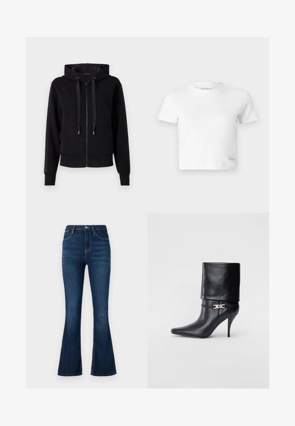 Sort zip-up hoodie lavet af blødt stof, med hætte, snore og ribbet manchetter. Glat tekstur med sidelommer.; Hvid kortærmet t-shirt lavet af glat bomuld med høj hals og korte ærmer. Lille broderet logo i bunden af hjørnet.; Høj talje flared jeans i mørk denim. Har en frontlukning med knap og lynlås, bæltestropper og en minimalt slidtegn.; Sort læder ankelstøvle med spids tå, høj stiletto hæl, fold-over manchet og en guld dekoreret spænde detalje på anklen.