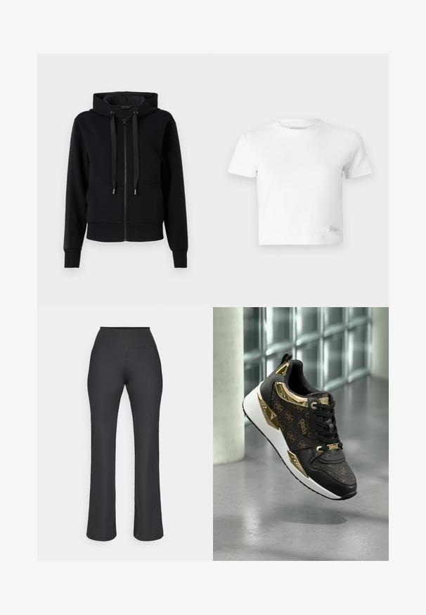 Sudadera con cremallera de color negro, hecha de un tejido suave, que cuenta con capucha, cordones y puños acanalados. Textura lisa con acentos en los paneles laterales.; Camiseta blanca corta hecha de algodón suave, con un cuello alto y mangas cortas. Pequeño logo bordado en la esquina inferior.; Pantalones acampanados negros con canalé y una cintura alta. La tela tiene una textura suave y un diseño estructurado, que se extiende a un ajuste holgado en los tobillos.; Zapatilla negra con acentos dorados, que presenta un patrón texturizado de logo, detalles metálicos y una suela blanca acolchada.