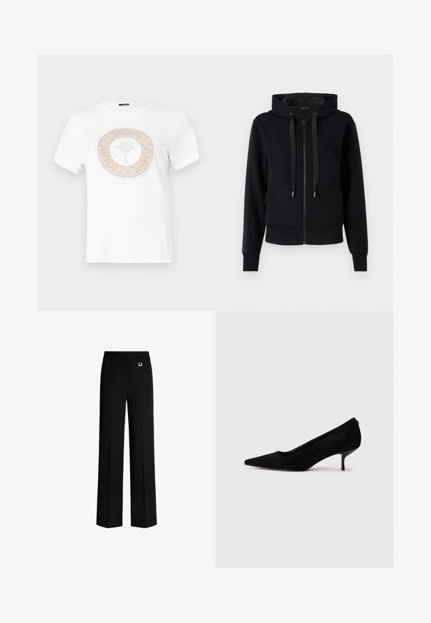 Schwarze Zip-Up-Hoodie aus weichem Stoff, ausgestattet mit einer Kapuze, Kordelzügen und gerippten Bündchen. Glatte Textur mit seitlichen Paneelakzenten.; Weißes Baumwoll-T-Shirt mit einem runden beigen Logodesign, das ein florales Motiv in der Mitte und Text am Rand zeigt.; Schwarze weit geschnittene Hose aus glattem Stoff. Verfügt über einen Knopfverschluss und ein goldfarbenes Metallelement am Bund. Gerade, taillierte Passform.; Schwarzer Wildleder-High-Heel-Schuh mit spitzem Zeh und slim, niedrigem Absatz. Glatte Textur mit elegantem Design, ohne sichtbare Beschläge.