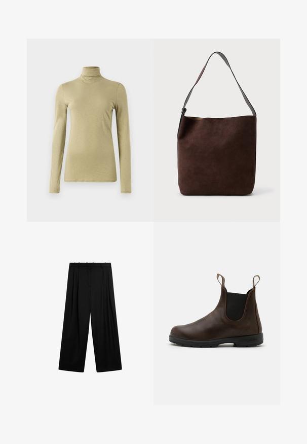 Olivgrüner Strickcardigan mit V-Ausschnitt, fünftigem Knopfverschluss und breiten gerippten Bündchen und Saum. Weiche Textur und lockere Passform.; Langarm-Turtleneck-Top in hellem Olivgrün, mit schlanker Passform und glattem, leicht strukturiertem Stoff ohne Verzierungen.; Massimo Dutti DARTED - Stoffhose - black; Braune Leder-Ankle Boots mit elastischen Seitenpaneelen, Zuglaschen und strukturierter Gummisohle. Sie verfügen über ein schlankes, rundes Zehendesign.; Braune Wildleder-Schultertasche mit glatter Textur und einem einstellbaren Tragegurt; zeichnet sich durch ein minimalistisches Design und dezente Markierung auf der Vorderseite aus.