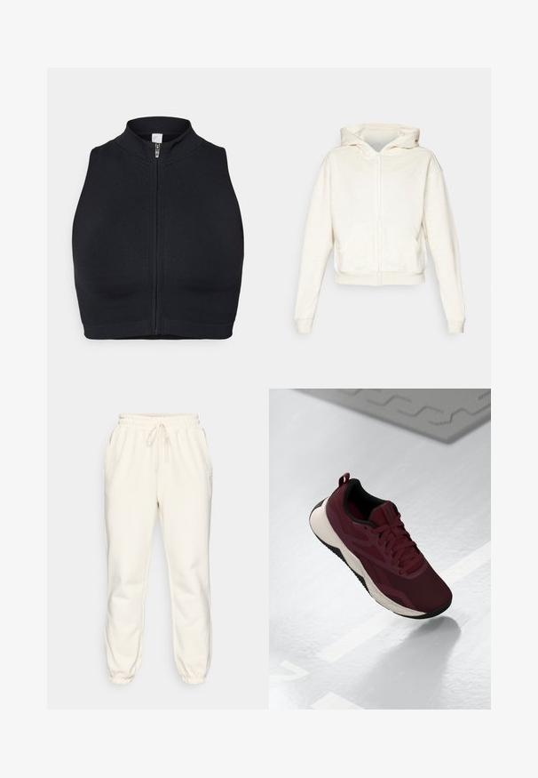 Cream-colored zip-up hoodie with a hood, drop shoulders, front kangaroo pockets, and ribbed cuffs and hem. Soft, textured fabric.; Black sports crop top with a high collar and front zipper. Made from stretchy fabric with a smooth texture and minimal seams.; Cream-colored sweatpants made of soft fabric, featuring an elastic waistband with drawstring, side pockets, and tapered cuffs at the ankles.; Maroon athletic shoe with mesh upper, black accents, and a cushioned white sole. Features lace-up closure and pull tab at the heel.