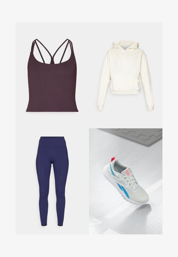 Krémová mikina s kapucí na zip, s pokleslými rameny, předními klokaními kapsami a žebrovanými náplety a lemem. Měkká, strukturovaná tkanina.; Tmavě fialový tílko vyrobené z hladkého materiálu, které má tenké dvojité ramínka a kulatý výstřih. Bezšvový lem na spodní části.; Námořnické legíny s vysokým pasem vyrobené z elastického materiálu. Mají ploché švy a těsný střih, s dvěma bočními kapsami pro uložení.; Bílé a modré tenisky Reebok s červeným poutkem plovoucí nad lesklou podlahou, poblíž se nachází šedá gumová podložka.