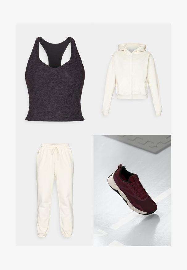 Krémová mikina na zips s kapucňou, spustenými ramenami, prednými klokanskými vreckami a rebrovanými manžetami a lemom. Mäkčená, štruktúrovaná látka.; Športová podprsenka v tmavosivej farbe s hladkým povrchom, ktorá má široký racerback strih a hlboký výstrih do V pre lepšiu oporu.; Krémové tepláky vyrobené z mäkkého materiálu, s elastickým pásom na šnurovanie, bočnými vreckami a zúženými manžetami na členkoch.; Bordová športová obuv s textilným vrchom, čiernymi akcentmi a polstrovanou bielou podrážkou. Obsahuje šnúrku na zaviazanie a pútko na päte.