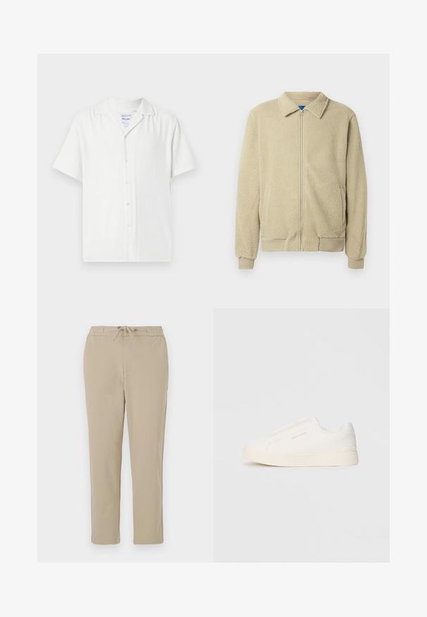 Beige fleecejacka med dragkedja framtill, ståkrage, två sidofickor, ribbade muddar och fåll. Texturen ser mjuk och mysig ut.; Vit skjorta med kort ärm och knappfront, tillverkad av textil med struktur, med krage och en avslappnad passform.; Beiga loungebyxor med elastisk midja och dragsko, med rakt benformat och mjuk, slät textur.; Vita slip-on sneakers med en texturerad yta, en tjock sula och minimalistisk design. Har varumärkeslogotypen på sidan.