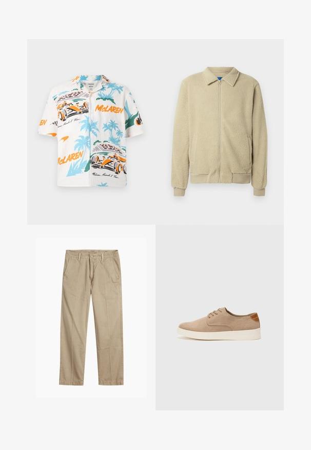 Beige fleecejakke med glidelås foran, ståkrage, to sidelommer, ribbekanter på ermer og nederst. Teksturen virker myk og koselig.; Kortermet, hvit skjorte med livlige McLaren F1 racerbilgrafikker i oransje, grønt og blått, samt palmer og racerbane-design.; Beige straight-leg chinos med beltehemper, frontlukking med knapp og glidelås, og skrå frontlommer.; Beige semskinnsko med rund tå, snøring foran og en teksturert bakre aksent. Hvit gummisåle gir kontrast. Enkelt og moderne design.