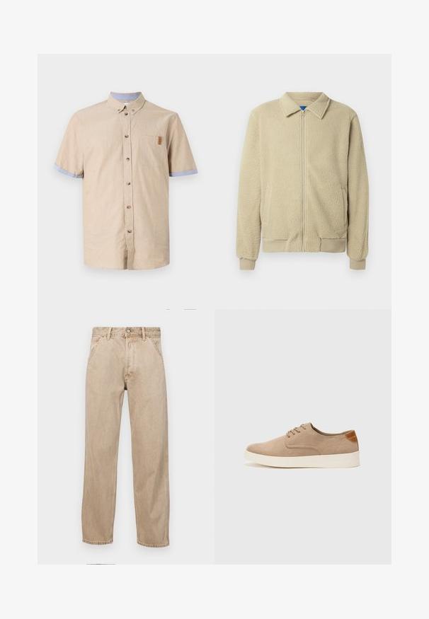 Beige Fleecejacke mit durchgehendem Reißverschluss, Stehkragen, zwei Seitentaschen, gerippten Bündchen und Saum. Die Textur wirkt weich und gemütlich.; Kurzarm-Hemd aus beigem Leinen mit blauen Akzenten an den Ärmeln. Verfügt über eine Brusttasche und braune Knöpfe. Glatte Textur.; Beige Denim-Jeans mit geradem Beinschnitt, ausgestattet mit Vordertaschen, einem Metallknopfverschluss und feiner Textur.; Beige Wildleder-Sneaker mit runder Zehenpartie, Schnürung und strukturiertem Rückenteil. Die weiße Gummisohle sorgt für einen Kontrast. Einfaches und modernes Design.