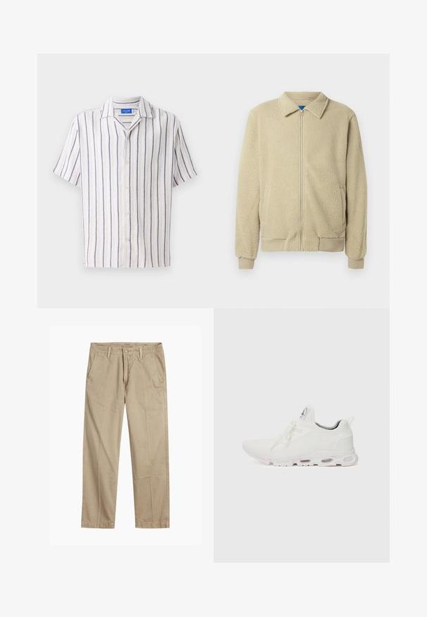 Béžová flísová bunda so zipsom vpredu, stojačikom, dvoma bočnými vreckami, rebrovanými manžetami a lemom. Textúra je mäkká a príjemná na dotyk.; Krátky rukáv, golierová košeľa v krémovej farbe s námorníckymi vertikálnymi pruhmi. Vyrobená z textilnej tkaniny, s predným zapínaním na gombíky.; Béžové chinos nohavice rovného strihu s pútkami na opasok, predným gombíkom a zipsom, a šikmými prednými vreckami.; Biele športové topánky so štruktúrovaným pleteným zvrškom, plochými šnúrkami a odpruženou podrážkou s viditeľnými vzduchovými komorami pre dodatočnú podporu.
