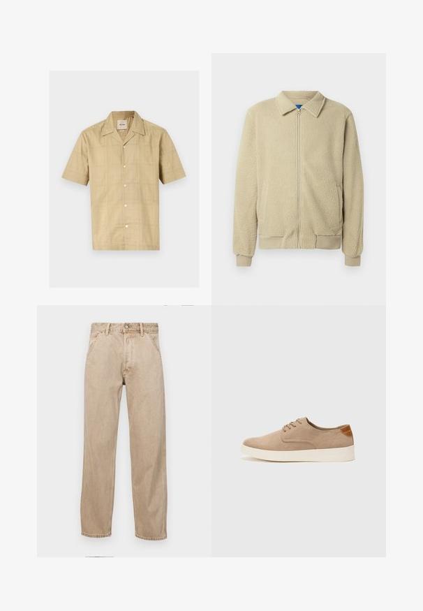 Beige fleecejack met een ritssluiting aan de voorkant, opstaande kraag, twee zijzakken, geribbelde manchetten en zoom. De textuur oogt zacht en gezellig.; Kortarmige, knoopsluiting overhemd in lichtbeige met een subtiel geruit patroon. Gemaakt van een zachte, gestructureerde stof; heeft een klassieke kraag en vijf knopen.; Beige denim jeans met een recht gesneden ontwerp, voorzien van voorzakken, een metalen knoopsluiting en een subtiele textuur.; Beige suède sneakers met een ronde neus, vetersluiting aan de voorkant en een getextureerde achteraccent. De witte rubberen zool zorgt voor contrast. Eenvoudig en modern ontwerp.
