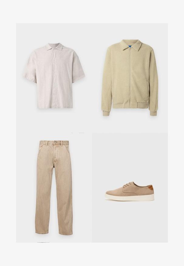Beige fleecejakke med glidelås foran, ståkrage, to sidelommer, ribbekanter på ermer og nederst. Teksturen virker myk og koselig.; Lys grå kortermet skjorte laget av lin. Har knappefront, flat krage og en avslappet passform med myk tekstur.; Beige denimjeans med rett ben design, med frontlommer, metallknapplukking og subtil tekstur.; Beige semskinnsko med rund tå, snøring foran og en teksturert bakre aksent. Hvit gummisåle gir kontrast. Enkelt og moderne design.