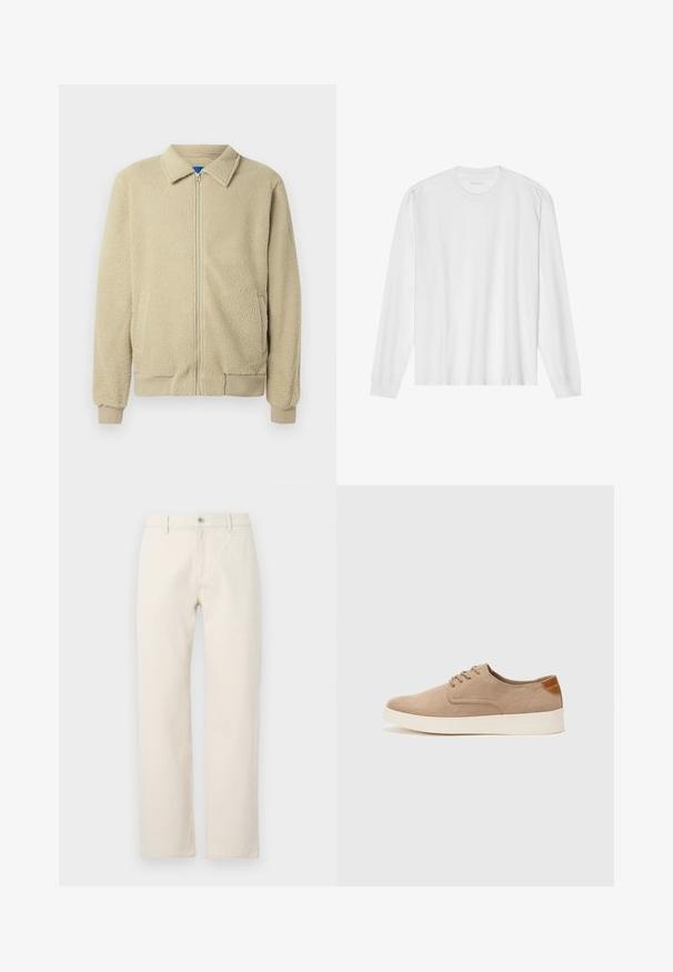 Beige polárdzseki cipzárral az elején, álló gallérral, két oldalzsebbel, bordázott mandzsettával és szegéllyel. Az anyag puha és kényelmes tapintású.; Hosszú ujjú fehér pamut póló, kerek nyakkivágással és bordázott mandzsettákkal. Egyszerű, díszítés nélküli dizájn, sima tapintással és normál fazonnal.; Tejkrém színű egyenes szárú farmernadrág, pamutból készült, gombos záródással, övhurkokkal és sima, mintázat nélküli felülettel.; Beige velúr sportcipő, kerek orral, fűzős elülső résszel és textúrált hátsó részlettel. Fehér gumitalp kontrasztot ad. Egyszerű és modern design.