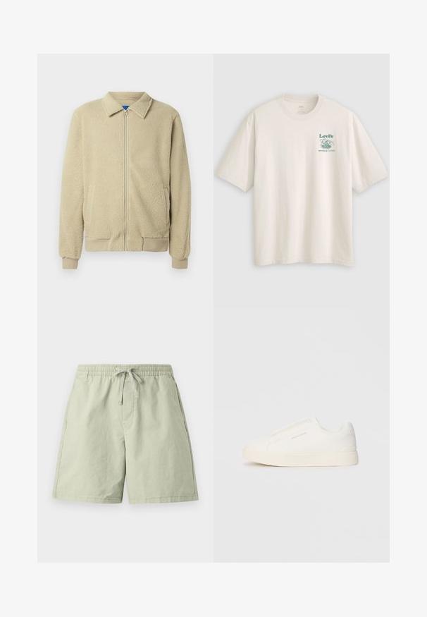 Beige fleece jacket with a zip front, stand collar, two side pockets, ribbed cuffs, and hem. The texture appears soft and cozy.; White cotton t-shirt with short sleeves, featuring a green Lev's logo and text on the left chest. Relaxed fit, smooth texture.; Light green cotton shorts with an elastic waistband and drawstring, featuring side pockets and a relaxed fit. Smooth texture, knee-length design.; White slip-on sneakers with a textured surface, a thick sole, and minimalistic design. Features brand logo on the side.