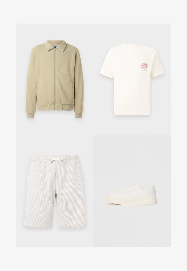 Beige fleecejakku, jossa on vetoketju edessä, pystykaulus, kaksi sivutaskua, resorit hihansuissa ja helmassa. Materiaali näyttää pehmeältä ja mukavalta.; Valkoinen lyhythihainen t-paita, jossa on punainen teksti "Studio Originals Edition" vasemmalla rinnalla, esitetty neutraalilla harmaalla taustalla.; Vaaleanbeiget raidalliset shortsit, joissa on joustava vyötärö ja nyöri. Kankaan pinta näyttää pehmeältä, ja siinä on hienovarainen pystysuuntainen kuvio.; Valkoiset liukusukat, joissa on teksturoitu pinta, paksu pohja ja minimalistikot. Sivulla on brändin logo.