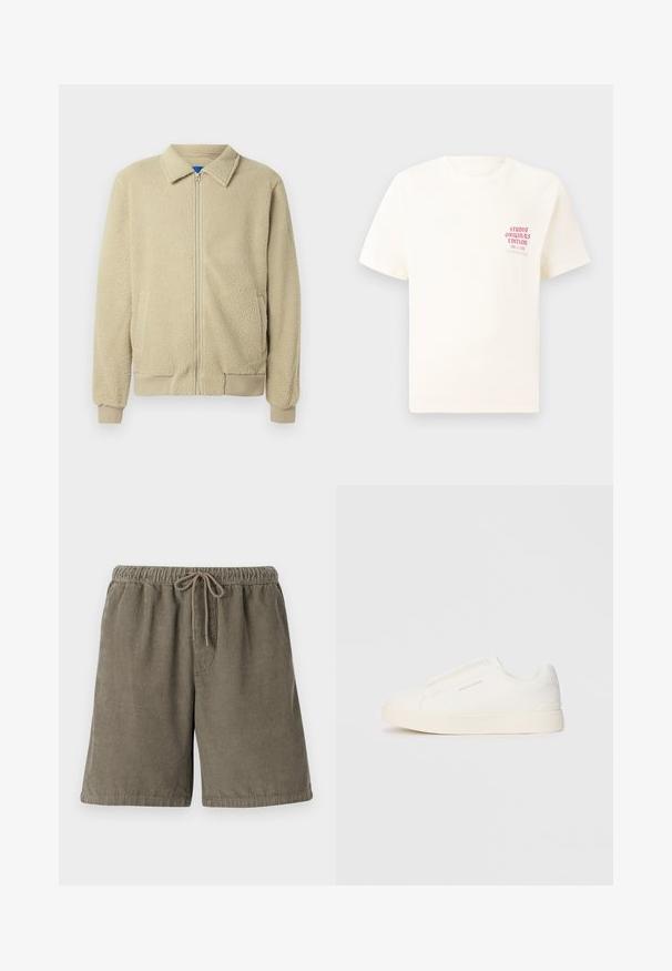 Beige fleece jacket with a zip front, stand collar, two side pockets, ribbed cuffs, and hem. The texture appears soft and cozy.; White short-sleeve T-shirt with red text "Studio Originals Edition" on left chest, displayed on a neutral gray background.; Cotton corduroy shorts in olive green with textured vertical stripes, elastic waistband, and adjustable drawstring for comfort.; White slip-on sneakers with a textured surface, a thick sole, and minimalistic design. Features brand logo on the side.