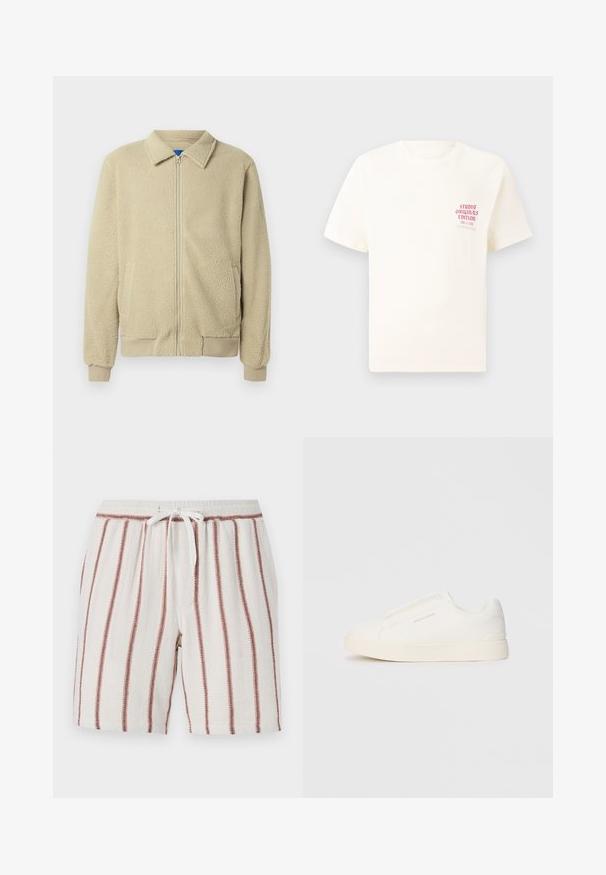Beżowa kurtka z polaru z zamkiem błyskawicznym z przodu, stójką, dwoma bocznymi kieszeniami, ściągaczami na mankietach i u dołu. Tekstura wydaje się miękka i przytulna.; Biała koszulka z krótkim rękawem z czerwonym napisem "Studio Originals Edition" po lewej stronie klatki piersiowej, wyeksponowana na neutralnym szarym tle.; Bawełniane szorty z elastycznym paskiem, kremowe tło z pionowymi rdzawego koloru paskami, teksturowana tkanina i luźny krój.; Białe sneakersy wsuwane z teksturowanej powierzchni, grubą podeszwą i minimalistycznym designem. Zawierają logo marki z boku.