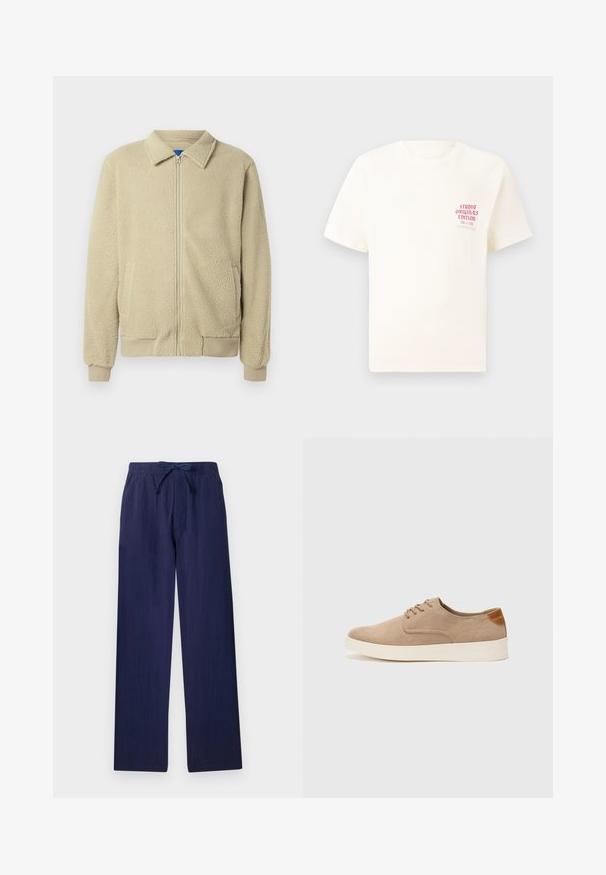 Beige Fleecejacke mit durchgehendem Reißverschluss, Stehkragen, zwei Seitentaschen, gerippten Bündchen und Saum. Die Textur wirkt weich und gemütlich.; Weißes T-Shirt mit kurzen Ärmeln und rotem Text "Studio Originals Edition" auf der linken Brust, präsentiert vor einem neutralen grauen Hintergrund.; Marineblaue, weit geschnittene Hose aus leichtem Stoff. Mit elastischem Bund und verstellbarem Kordelzug sowie Seitentaschen. Sanfte Textur.; Beige Wildleder-Sneaker mit runder Zehenpartie, Schnürung und strukturiertem Rückenteil. Die weiße Gummisohle sorgt für einen Kontrast. Einfaches und modernes Design.