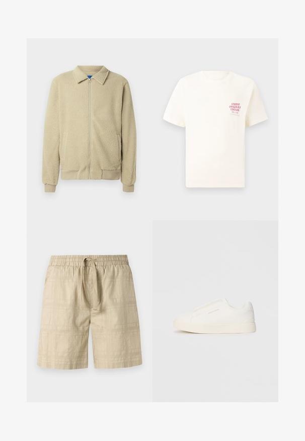 Beige fleece jacket with a zip front, stand collar, two side pockets, ribbed cuffs, and hem. The texture appears soft and cozy.; White short-sleeve T-shirt with red text "Studio Originals Edition" on left chest, displayed on a neutral gray background.; Beige shorts made of lightweight fabric with an elastic waistband and drawstring, featuring a subtle grid pattern and straight cut.; White slip-on sneakers with a textured surface, a thick sole, and minimalistic design. Features brand logo on the side.