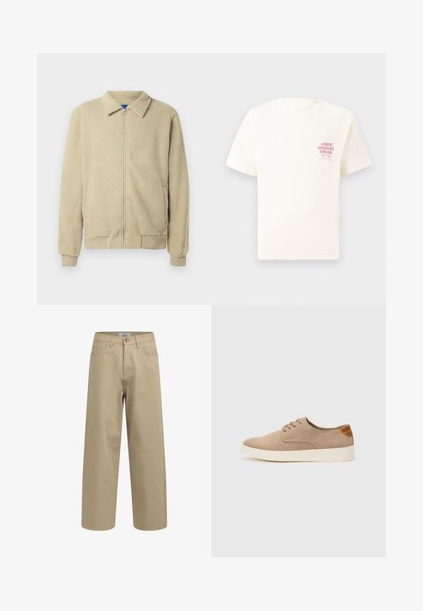 Béžová flísová bunda so zipsom vpredu, stojačikom, dvoma bočnými vreckami, rebrovanými manžetami a lemom. Textúra je mäkká a príjemná na dotyk.; Biele tričko s krátkym rukávom s červeným textom "Studio Originals Edition" na ľavej hrudi, zobrazené na neutrálnom šedom pozadí.; Béžové nohavice s širokými nohavicami vyrobené z bavlnenej tkaniny. Obsahujú zapínanie na gombík, pútka na opasok a predné vrecká. Hladký povrch bez viditeľných vzorov.; Béžové semišové tenisky s okrúhlou špičkou, šnurovaním vpredu a textúrovaným zadným akcentom. Biela gumová podrážka poskytuje kontrast. Jednoduchý a moderný dizajn.