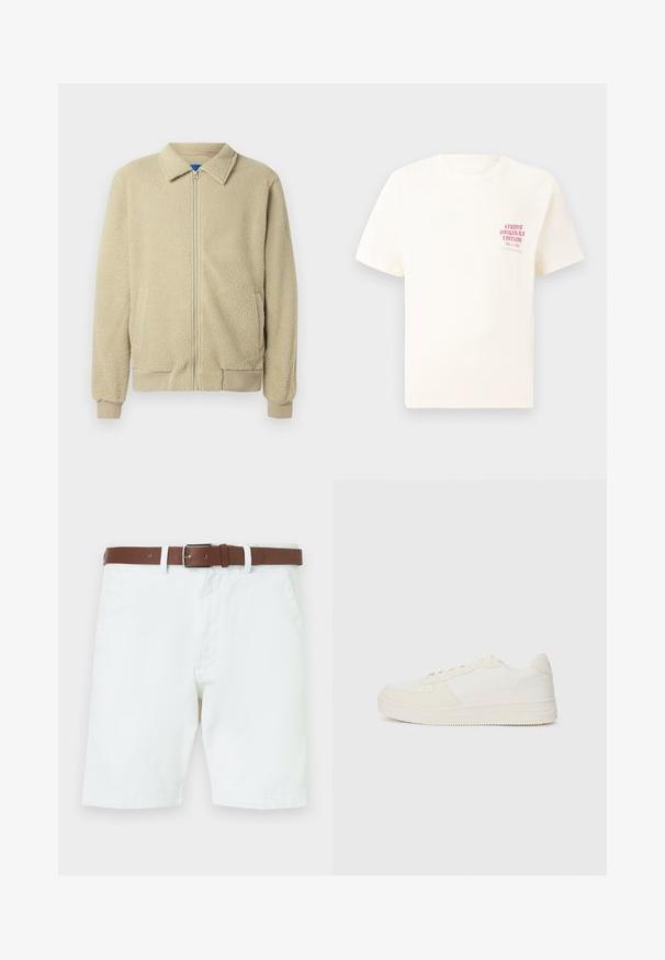 Bēša fleeces jaka ar rāvējslēdzēja priekšpusi, stāvu apkakli, divām sānu kabatām, ribām apstrādātām aprocēm un apakšu. Faktūra izskatās mīksta un patīkama.; Balts īsām piedurknēm T-krekls ar sarkanu tekstu "Studio Originals Edition" uz kreisā krūšu, pakārtots neitrālā pelēkā fonā.; Baltas kokvilnas šorts ar brūnu ādas jostu ar sudraba sprādzi. Ar pogu un rāvējslēdzēju, sānu kabatām un apdarinātiem piedurknēm.; Baltas sporta apavi ar gludu ādas virsmas un zamšas akcentiem. Iespējo caurumiņi pirkstiem, plakani diegi un gumijas zole ar teksturētu apdari.